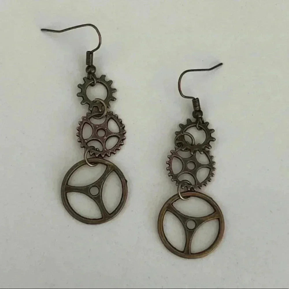 Steampunk Cosplay Simple Gear Bronze Drop Earrings Handmade NWT